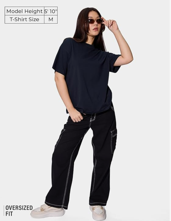 Navy Women and Girls Short Sleeves Round Neck Cotton Oversized T-Shirts