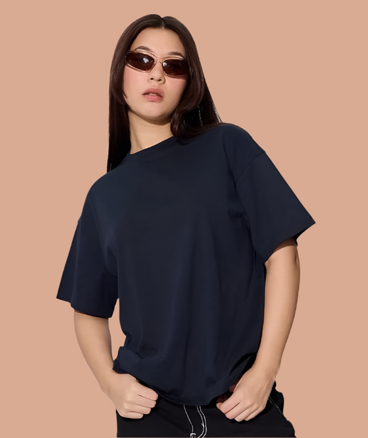 Navy Women and Girls Short Sleeves Round Neck Cotton Oversized T-Shirts